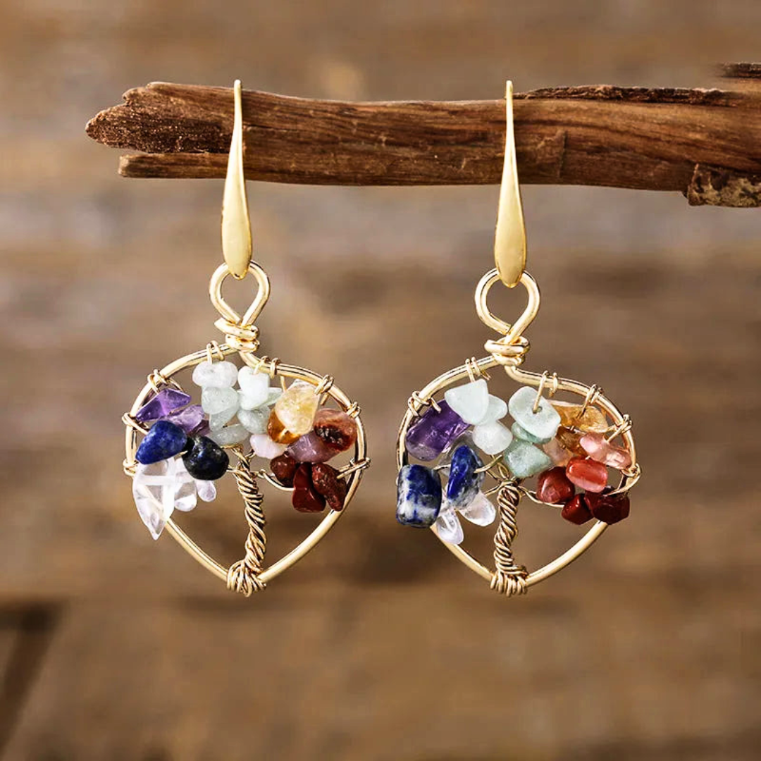 Natural Gemstone Tree Of Life Heart Earrings