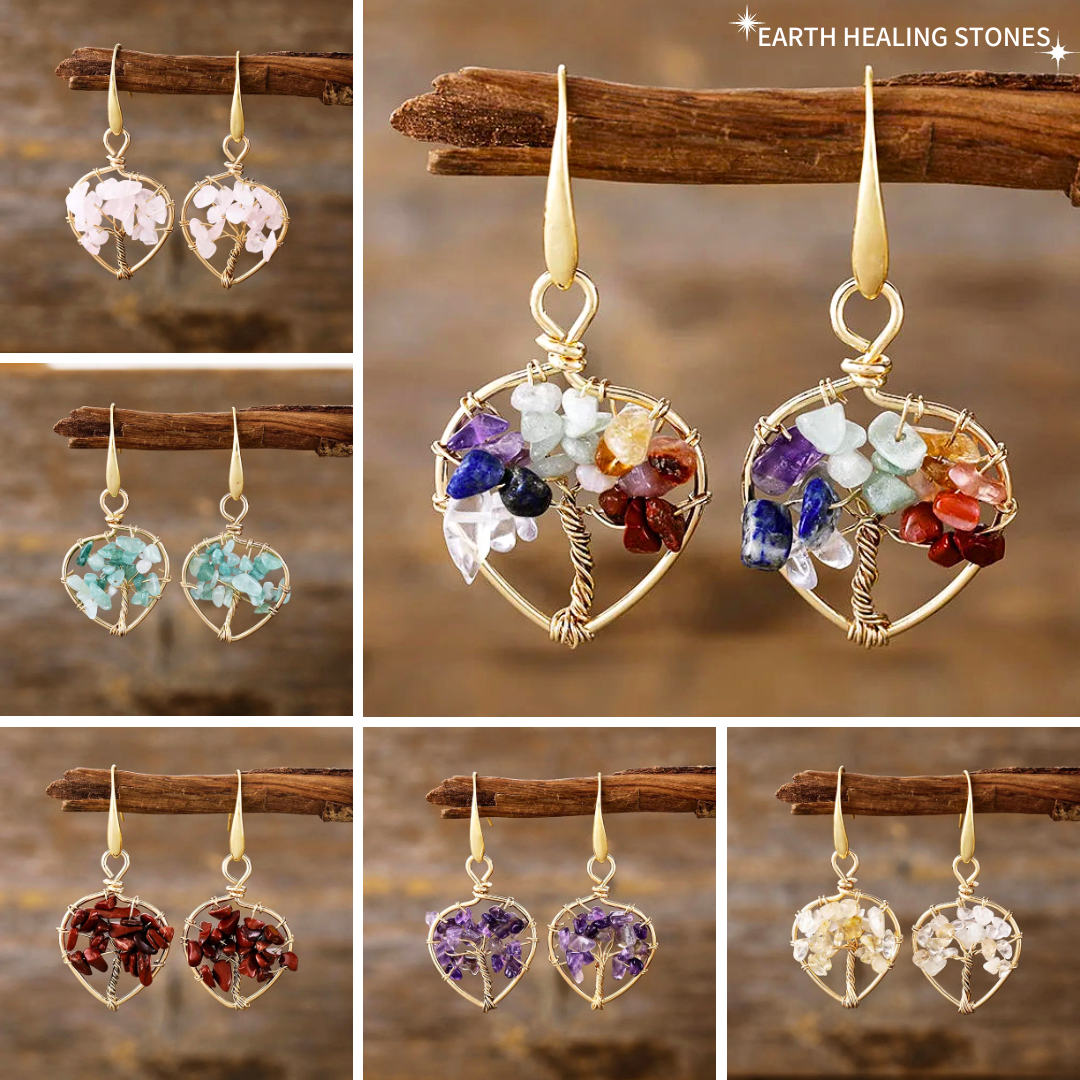 Natural Gemstone Tree Of Life Heart Earrings