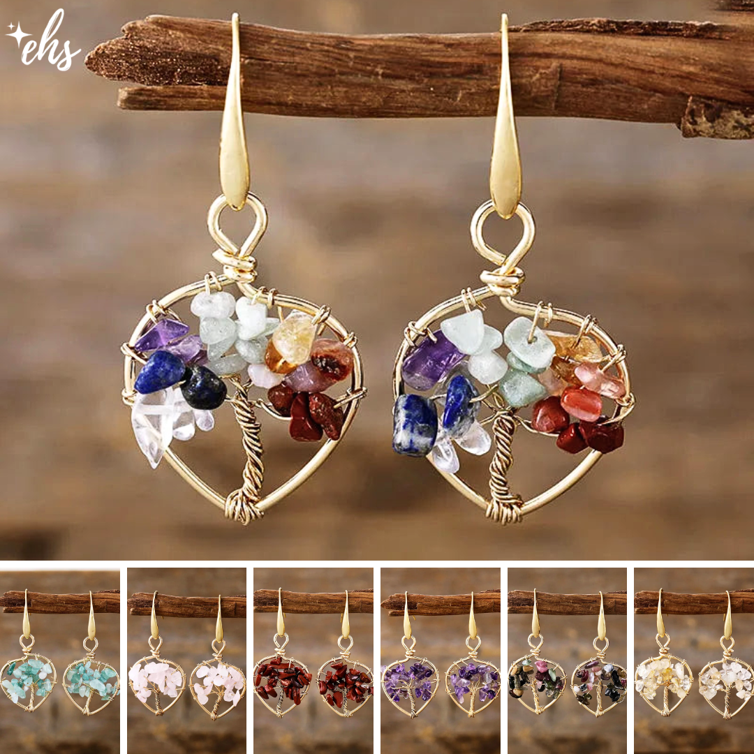 Natural Gemstone Tree Of Life Heart Earrings