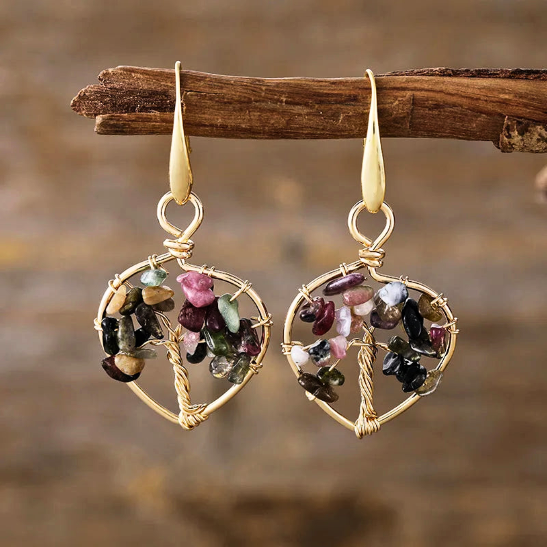 Natural Gemstone Tree Of Life Heart Earrings