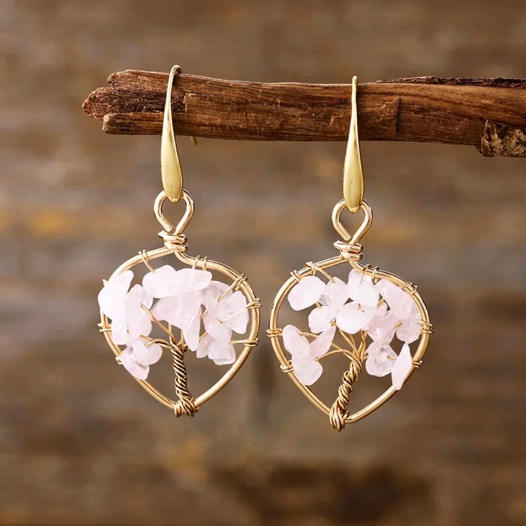 Natural Gemstone Tree Of Life Heart Earrings