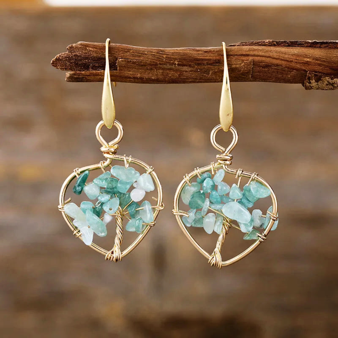 Natural Gemstone Tree Of Life Heart Earrings