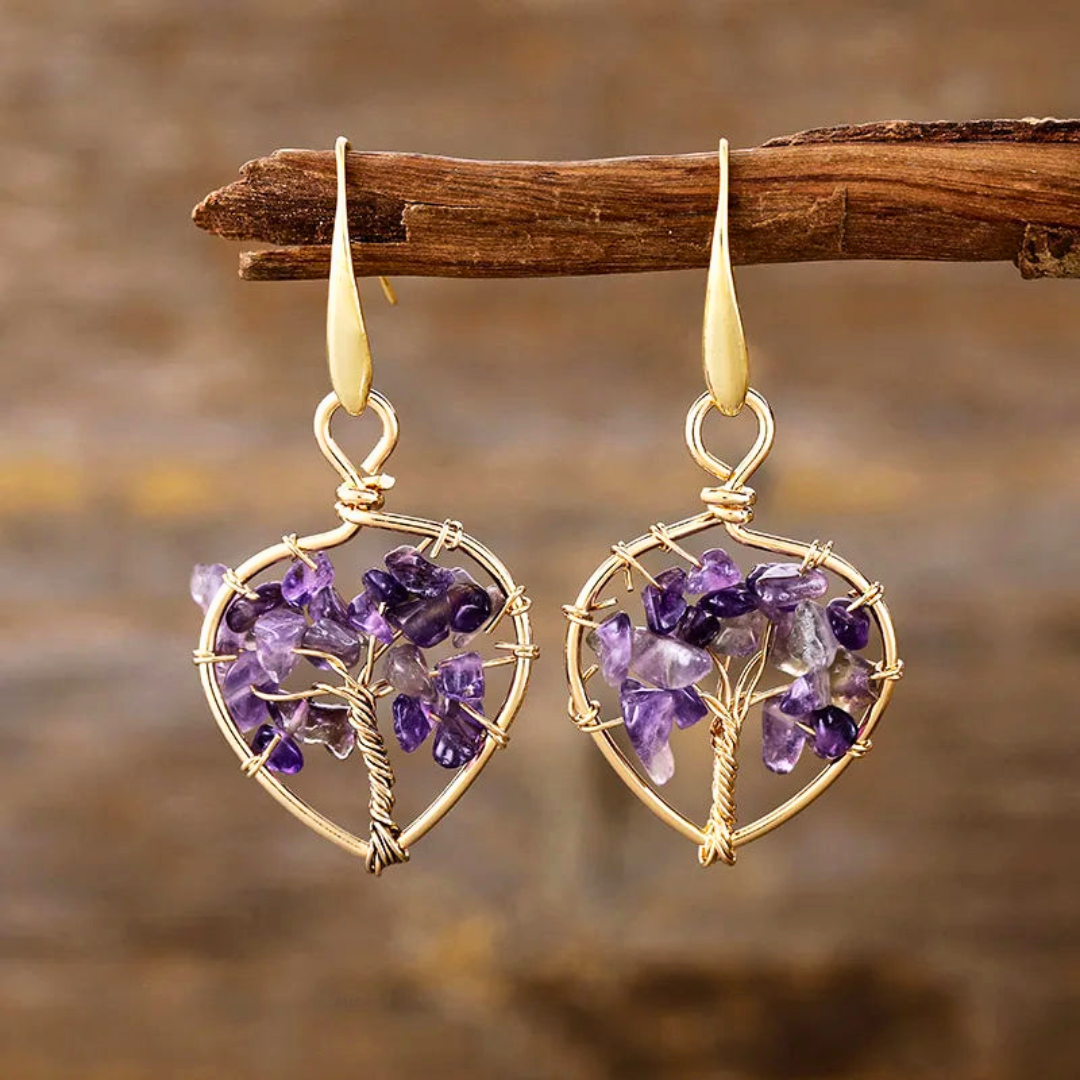 Natural Gemstone Tree Of Life Heart Earrings