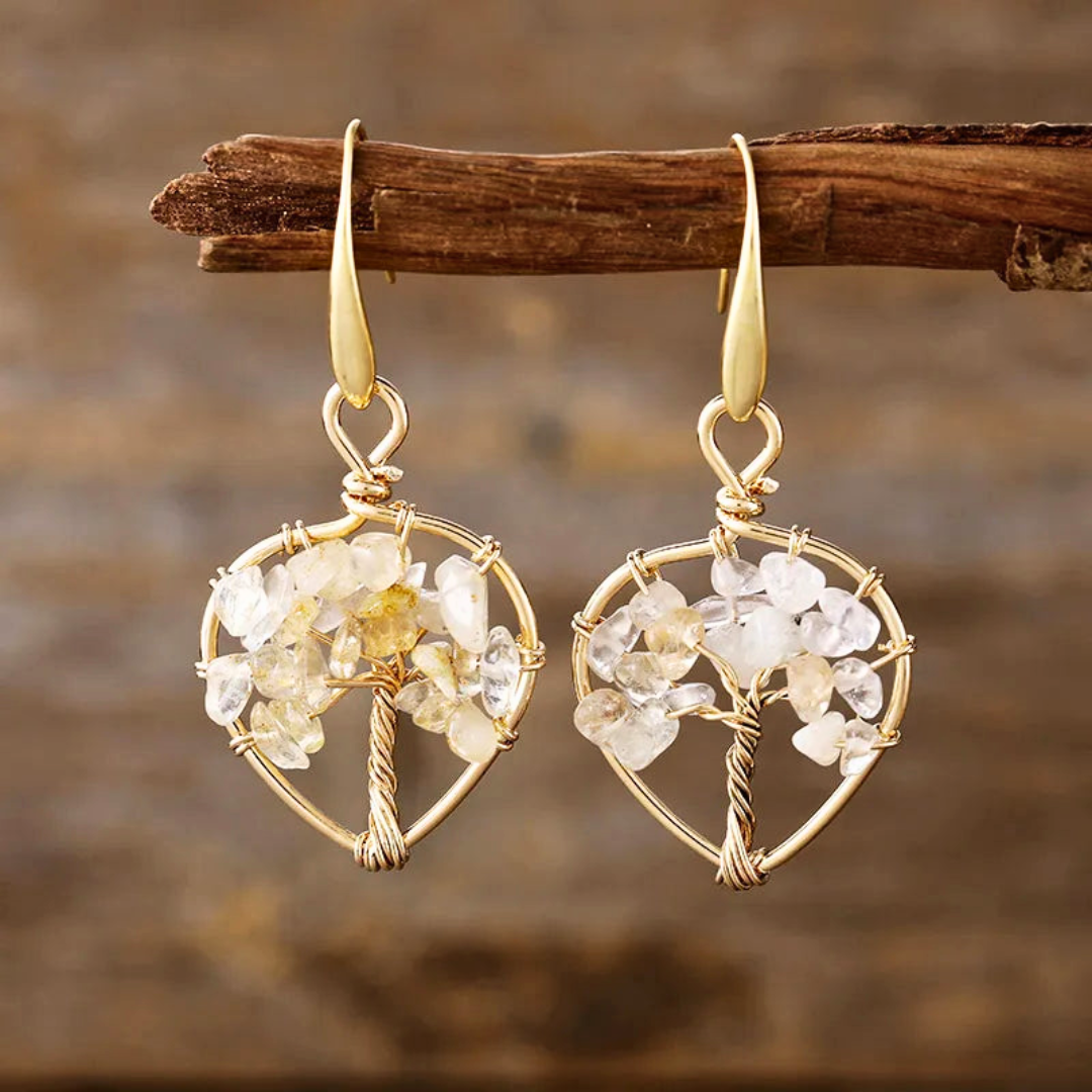 Natural Gemstone Tree Of Life Heart Earrings