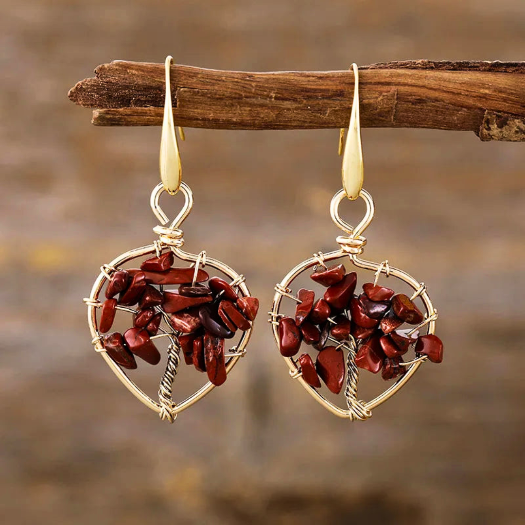 Natural Gemstone Tree Of Life Heart Earrings
