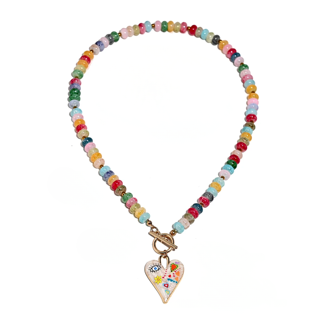 Colorful Glass Bead Doodle Heart Necklace