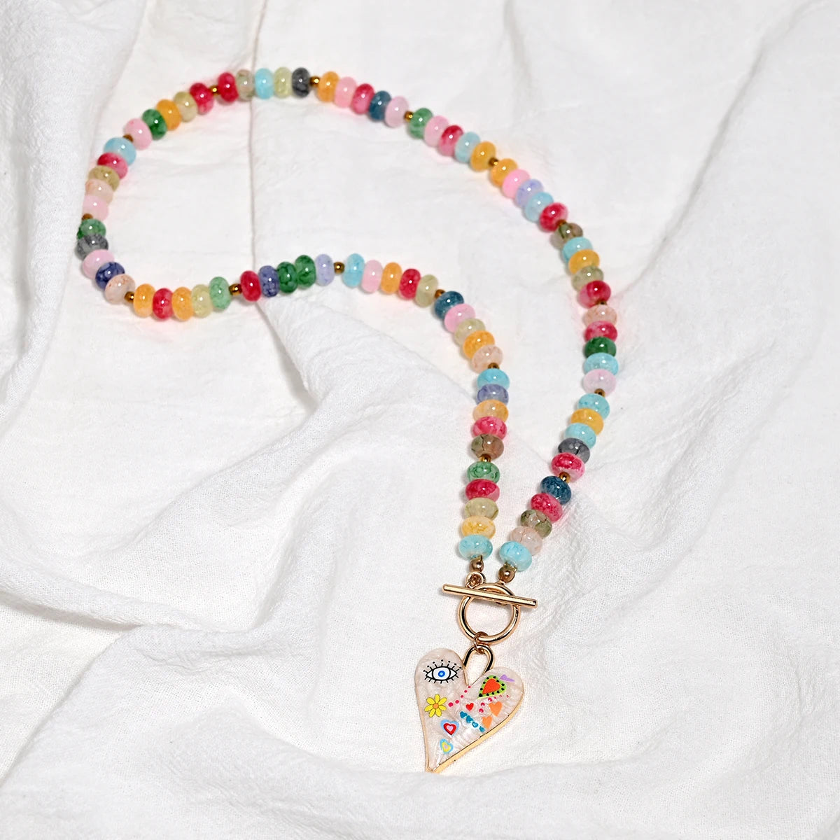 Colorful Glass Bead Doodle Heart Necklace