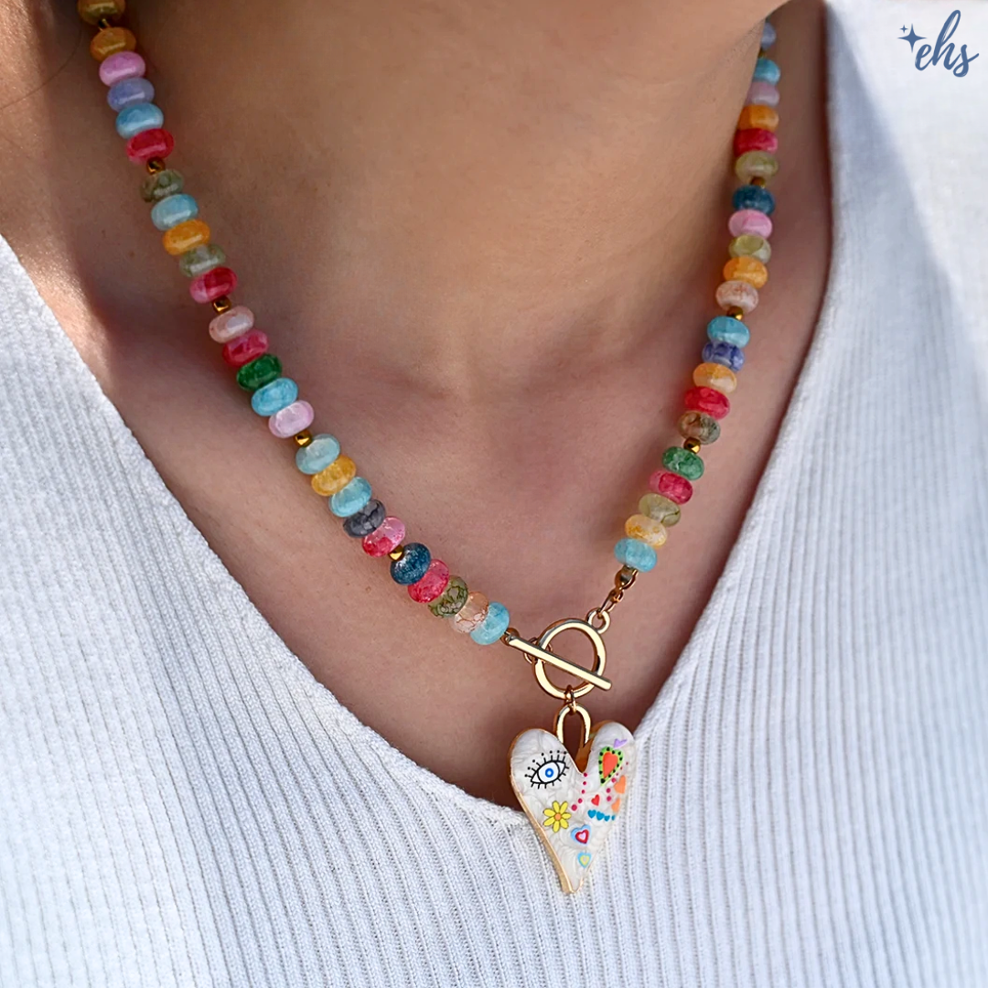 Colorful Glass Bead Doodle Heart Necklace