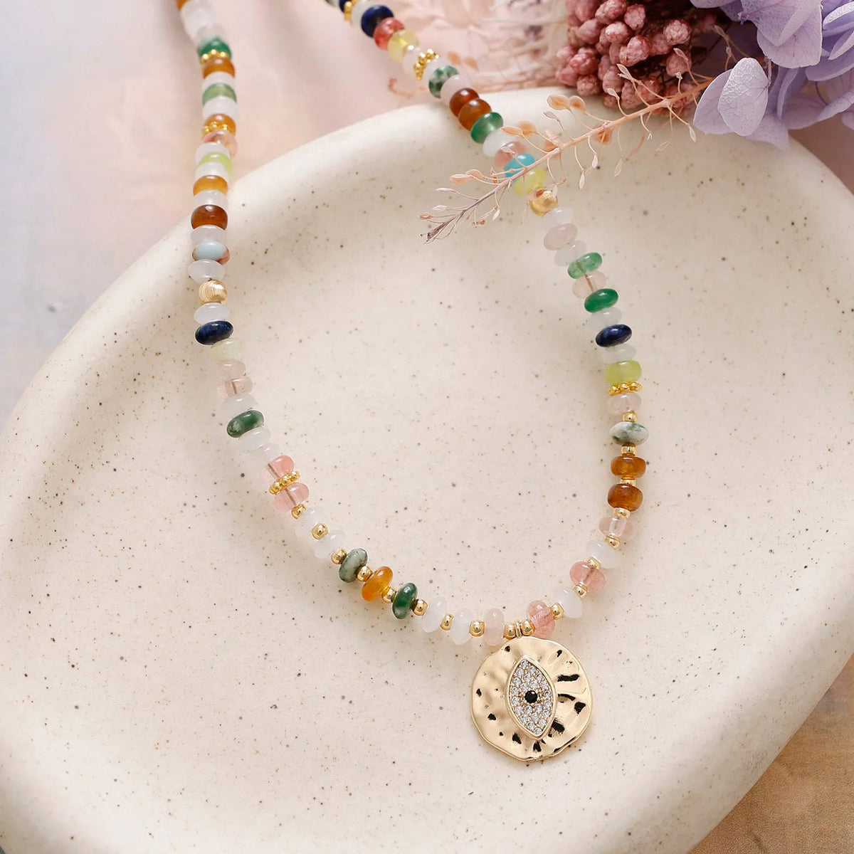 Evil Eye Mixed Stone Coin Necklace