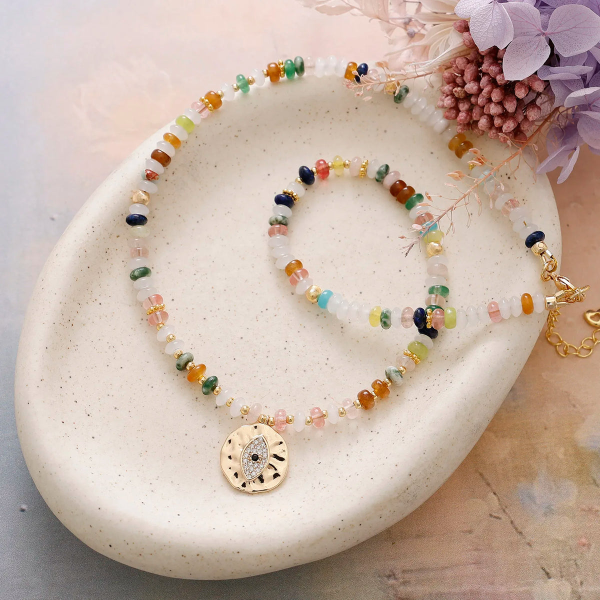 Evil Eye Mixed Stone Coin Necklace