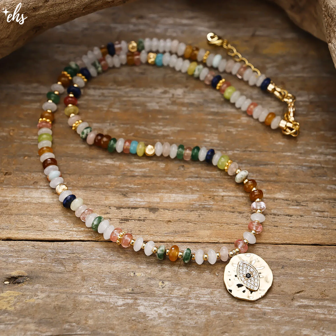 Evil Eye Mixed Stone Coin Necklace