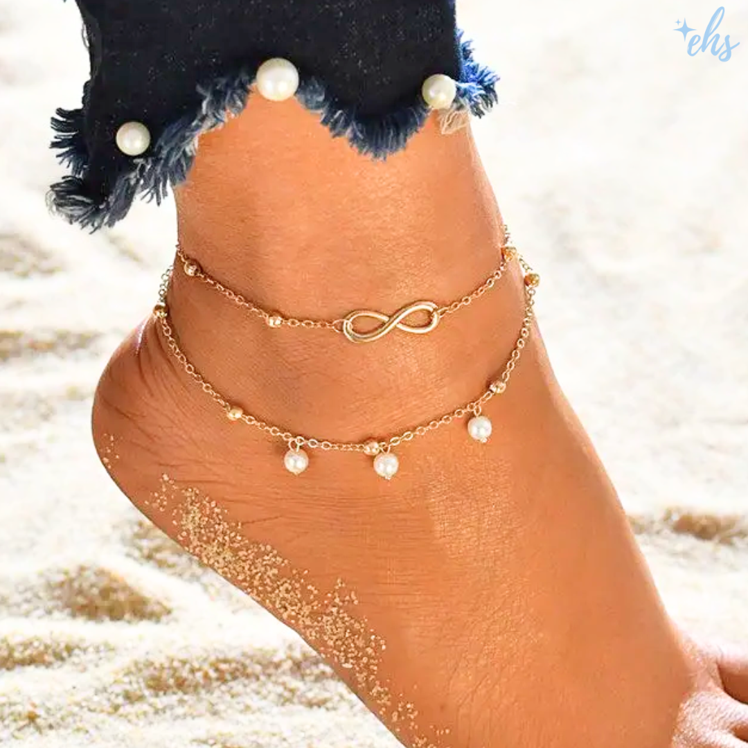 Infinity Pearl Double Layer Gold Anklet