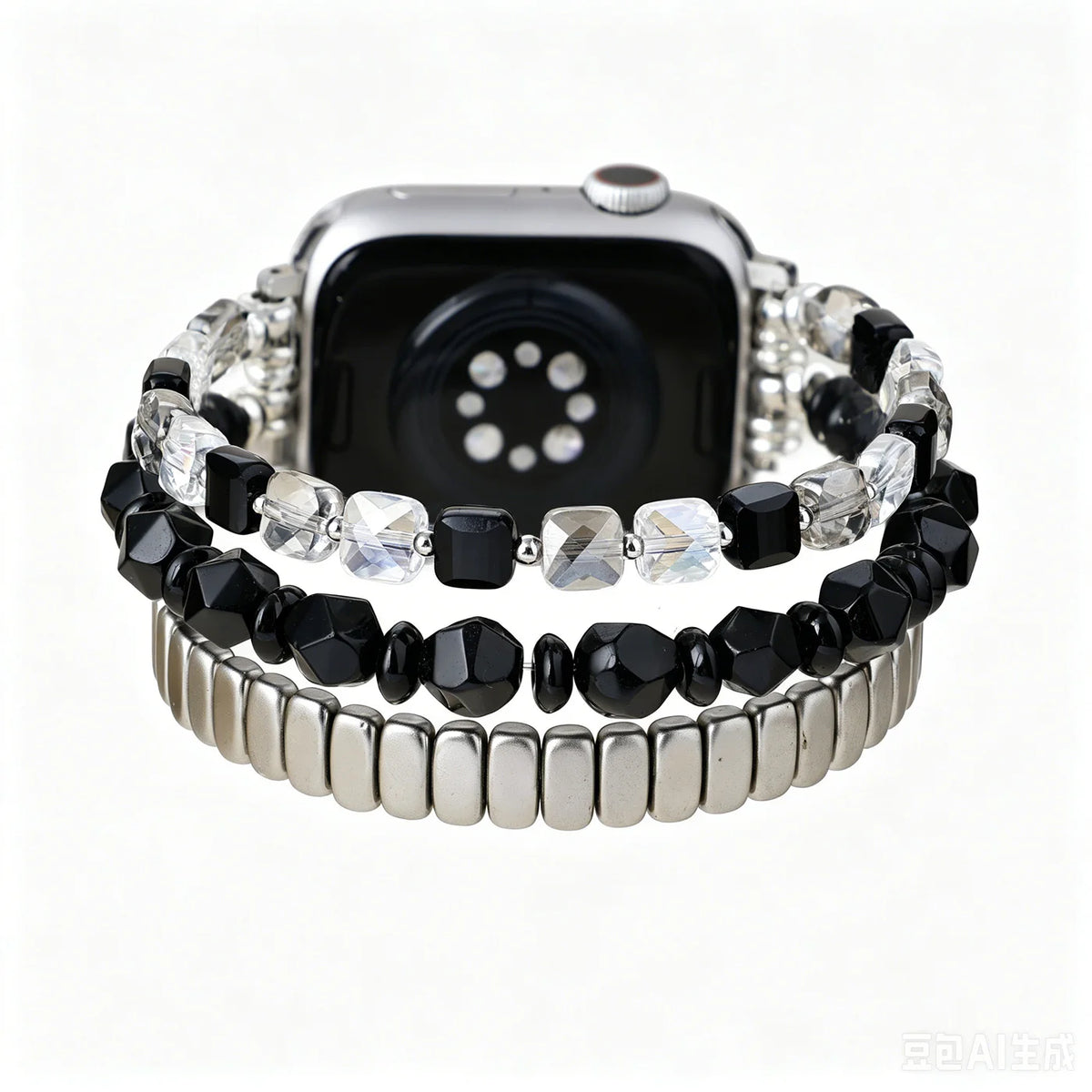 A silver-toned smartwatch band featuring two overlapping layers: one layer is composed of faceted black beads and clear crystal-like beads, and the other is a silver-toned segmented metal link band, shown on a white background.