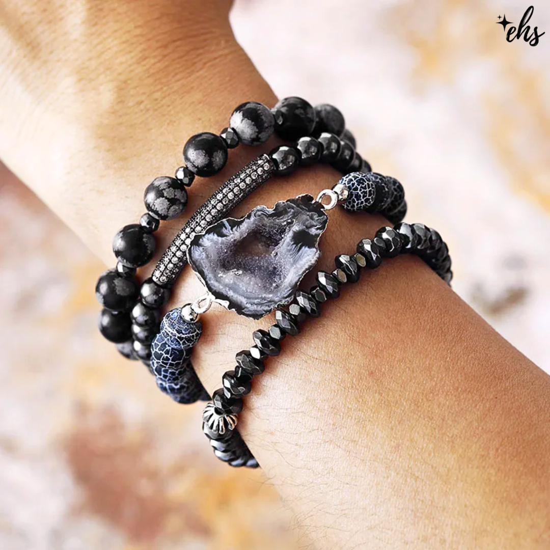 Sleek Boho Black Druzy Bracelet Set