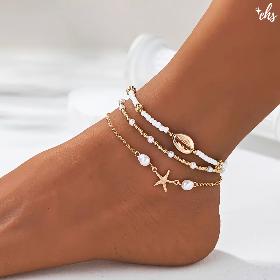 Gold Starfish Shell Charm Anklet Set