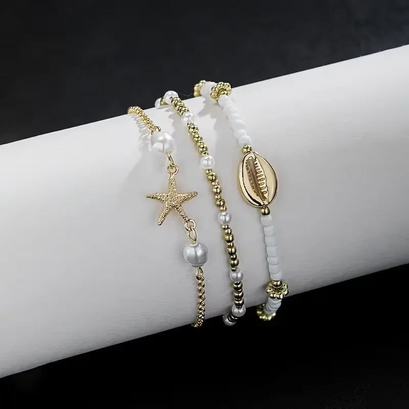 Gold Starfish Shell Charm Anklet Set