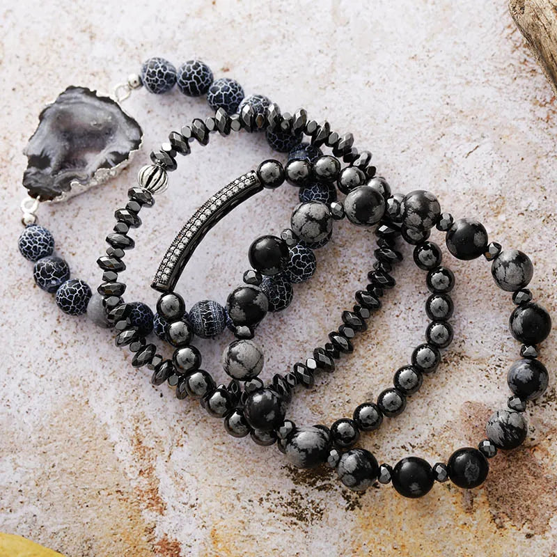 Sleek Boho Black Druzy Bracelet Set