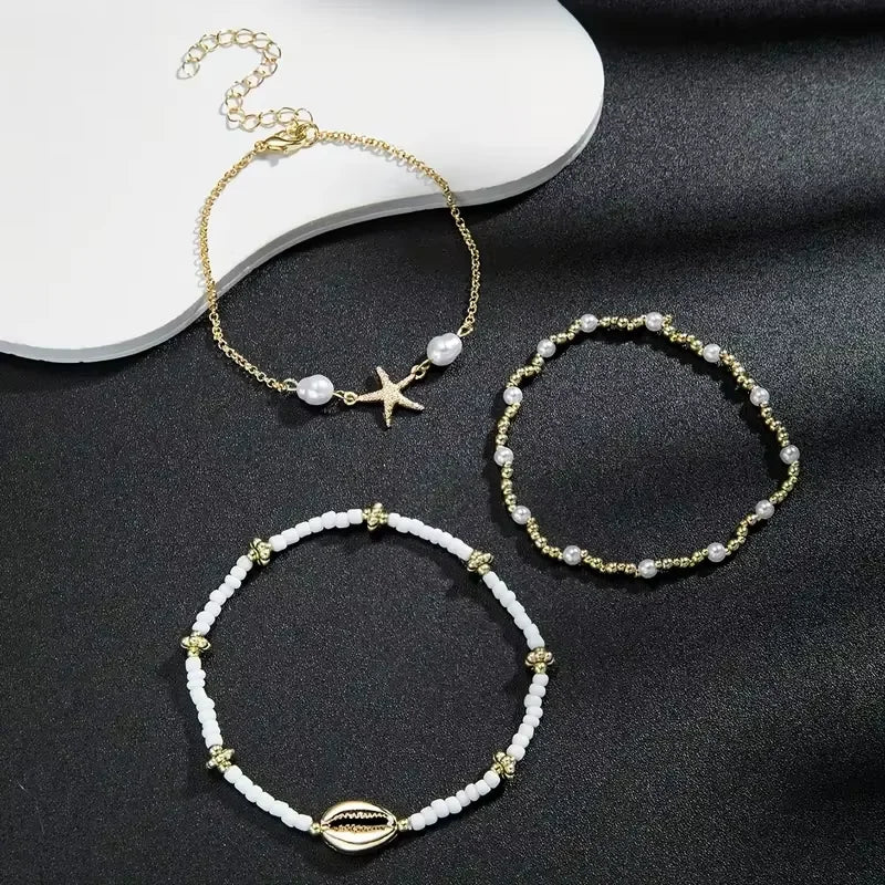 Gold Starfish Shell Charm Anklet Set