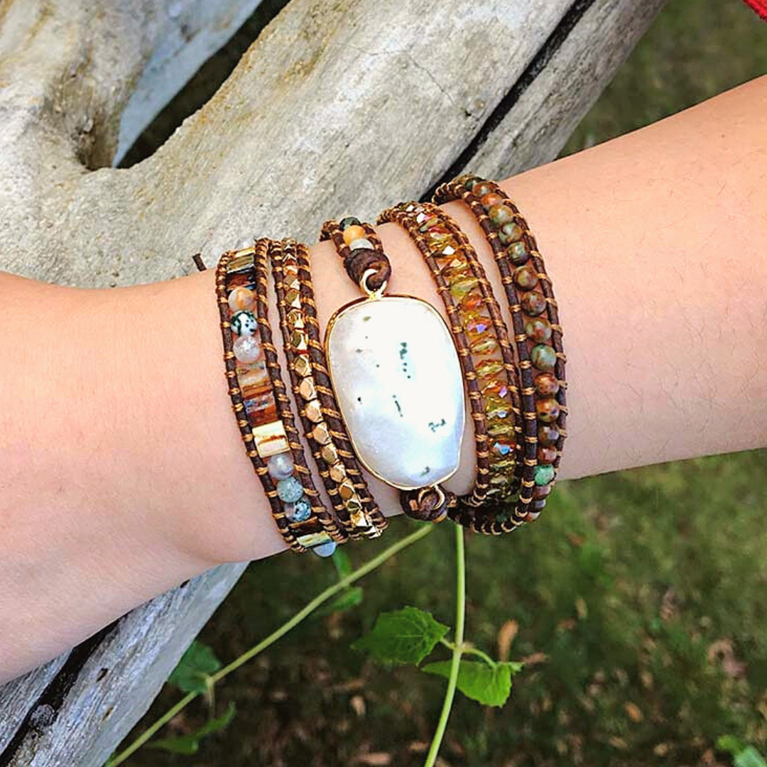 Handmade Natural Jasper Crystal Leather Wrap Bracelet