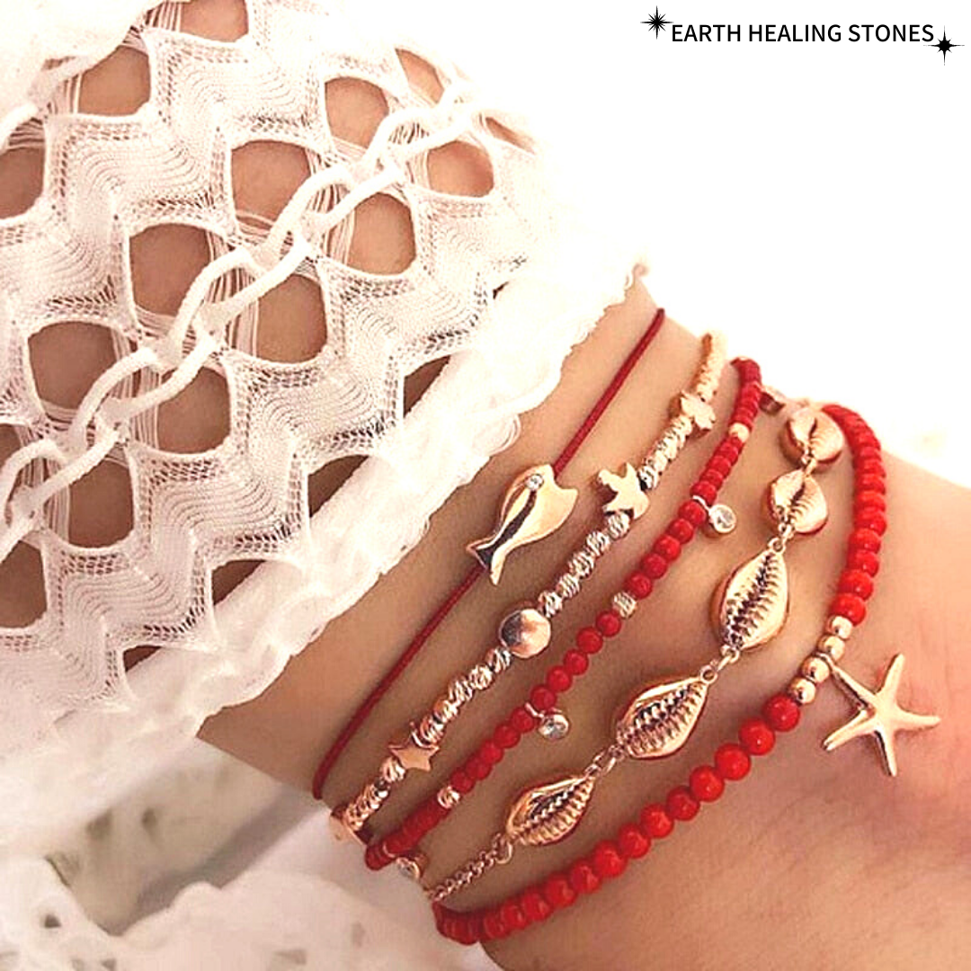 Boho Shell Red Beaded Anklet Set
