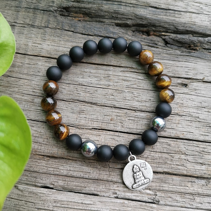 Onyx & Tiger's Eye Buddha Charm Bracelet