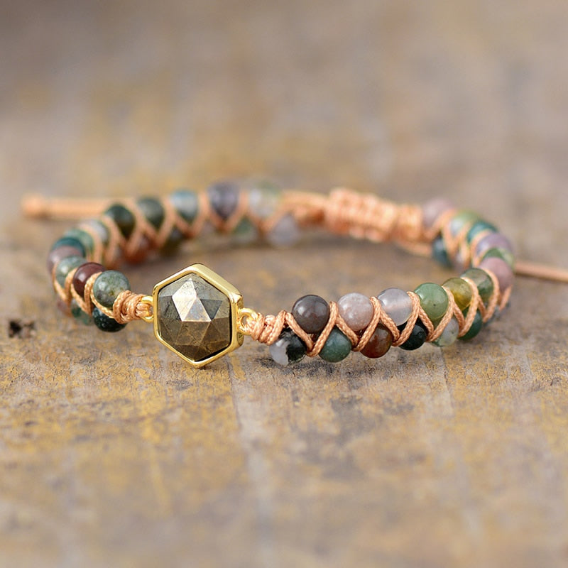 Pyrite Hexagon &amp; Indian Agate Bracelet