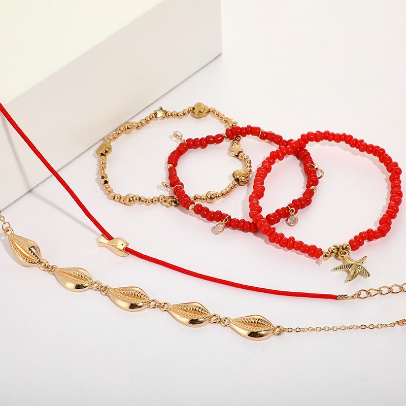 Boho Shell Red Beaded Anklet Set