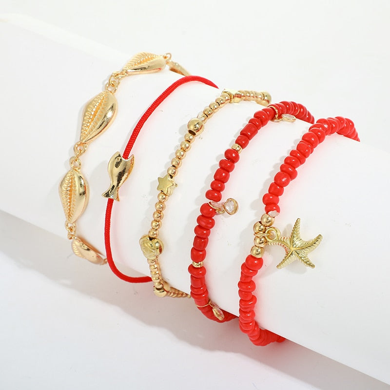 Boho Shell Red Beaded Anklet Set