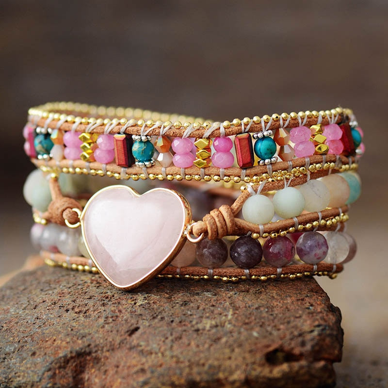 Intense Rose Quartz Heart Bracelet Earth Healing Stones