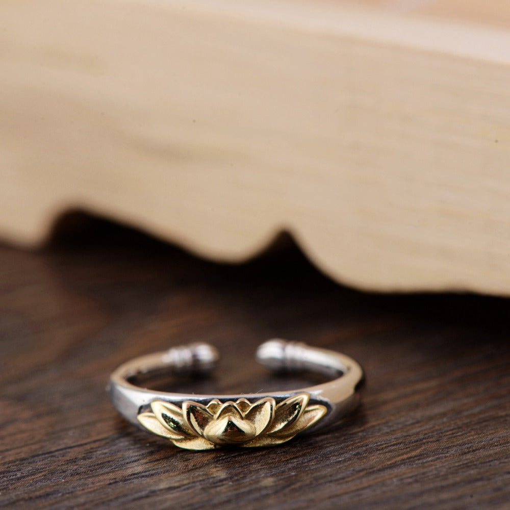 Sterling Silver &amp; Gold Lotus Flower Ring